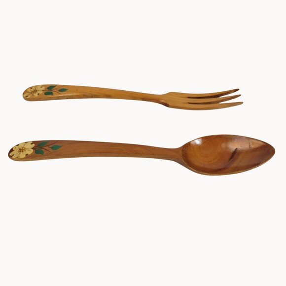 Wood Croftery France Vtg Wooden Spoon and Fork Rustic Brown Hand Painted Floral - Picture 6 of 16